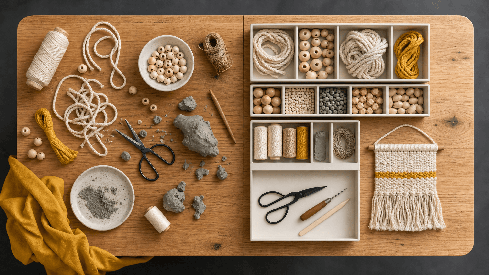A maker workbench from above: loose craft materials on the left, the same materials sorted into trays with a finished woven piece on the right