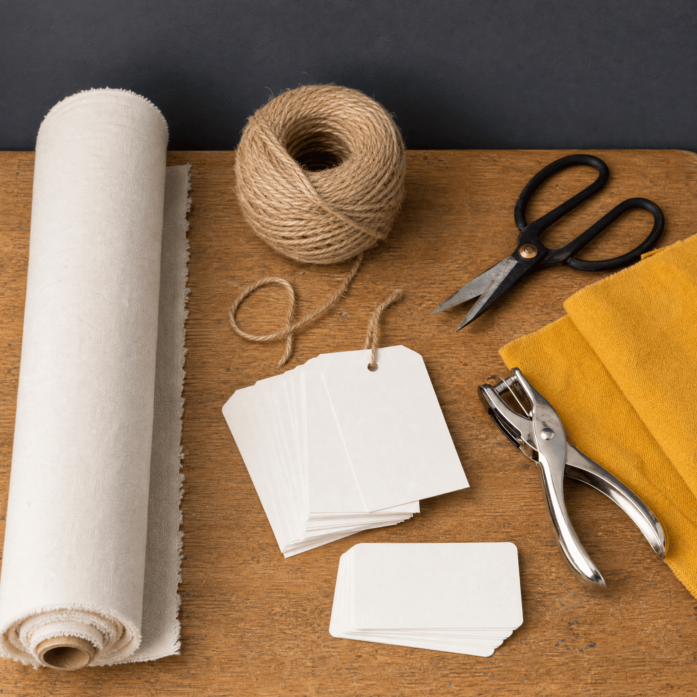 Gift Wrap Craft Kit — Cotton fabric ×1, Jute twine ×1, Scissors ×1, Hole punch ×1, Label card set ×1