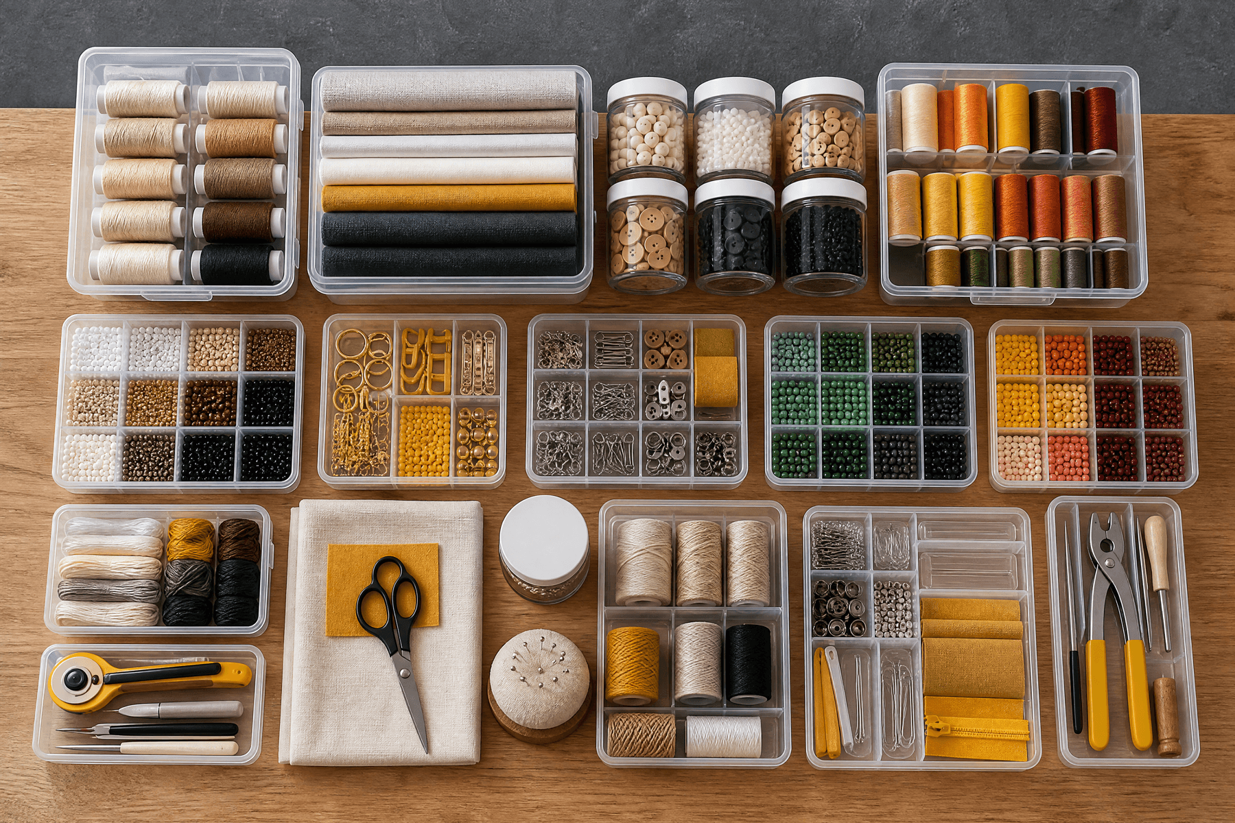 Craft materials sorted into labelled containers on shelves