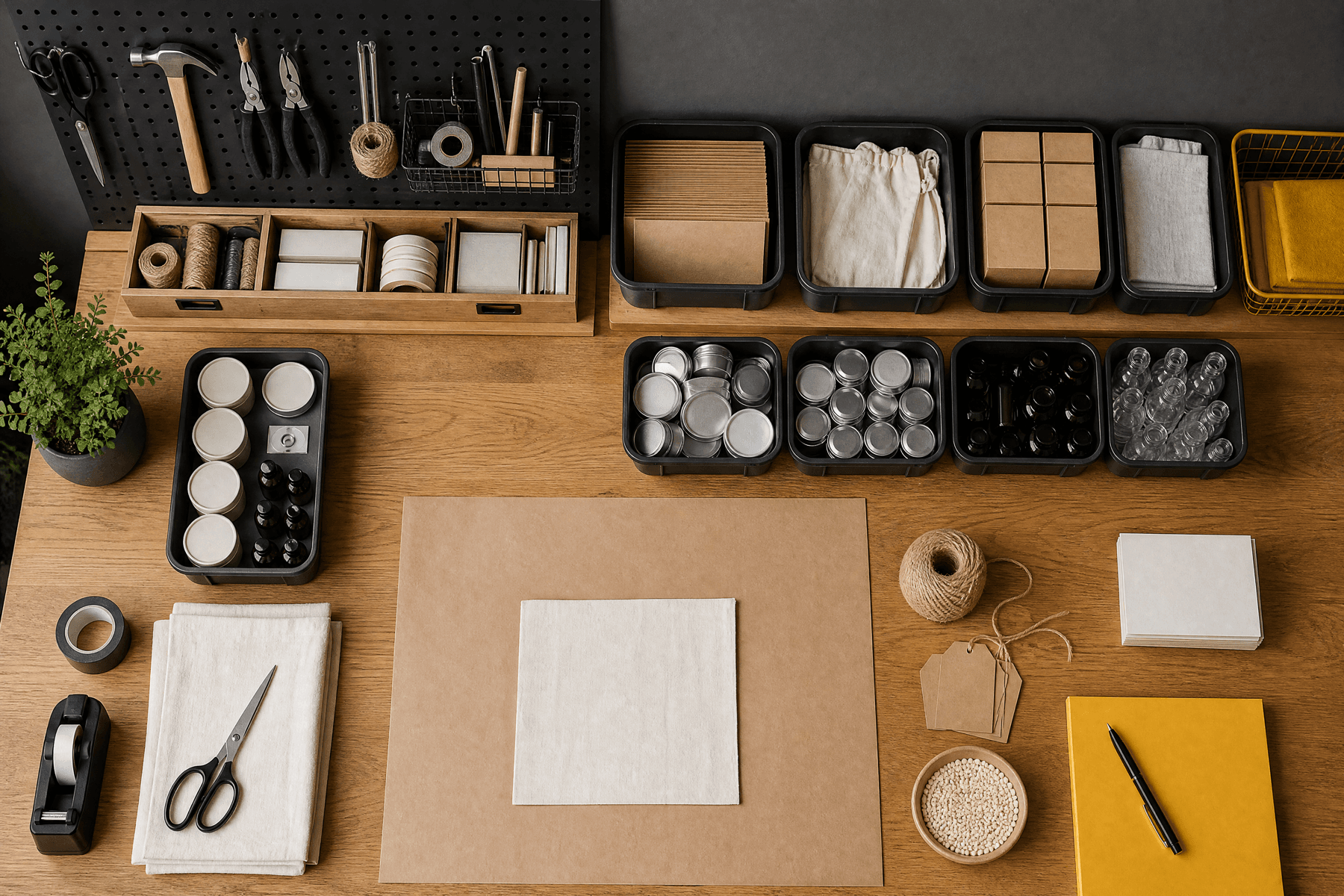 A clean organized workbench with tools on a pegboard and materials in labelled bins